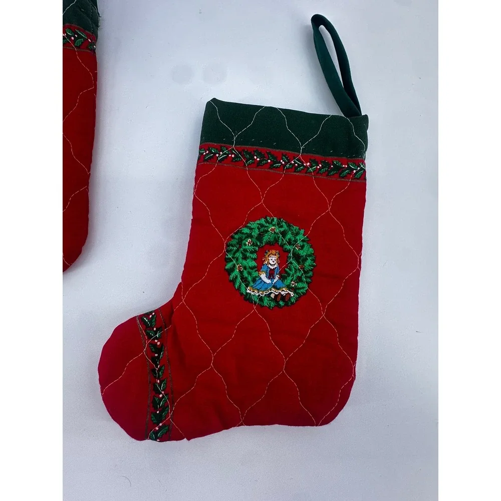 Vintage Christmas Stockings Quilted Red Green Wreath Towel Pot Holder Bundle 4pc